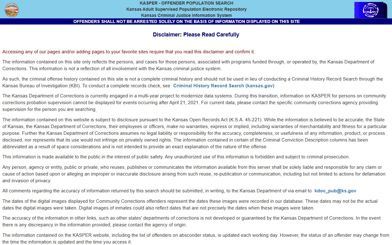 Hutchinson Correctional Facility KASPER inmate lookup disclaimer screen