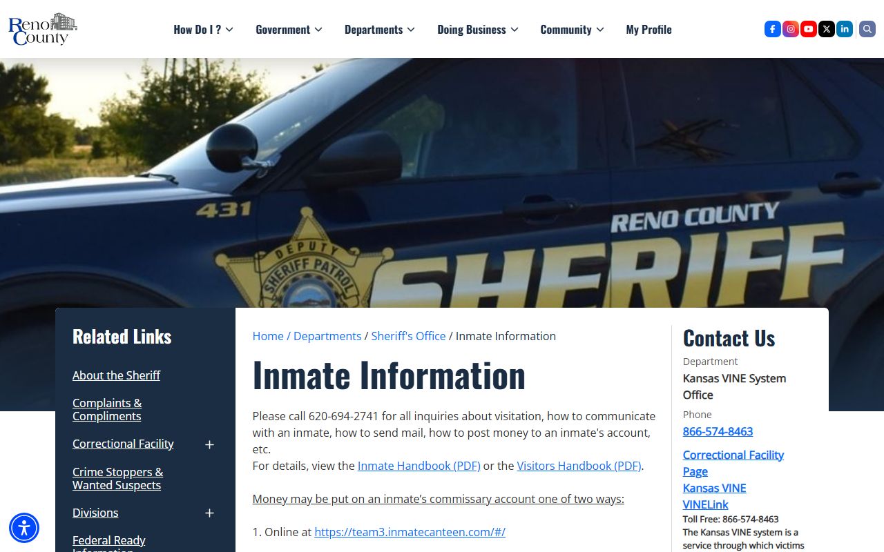 Reno County Correctional Facility inmate information and custody lookup resources